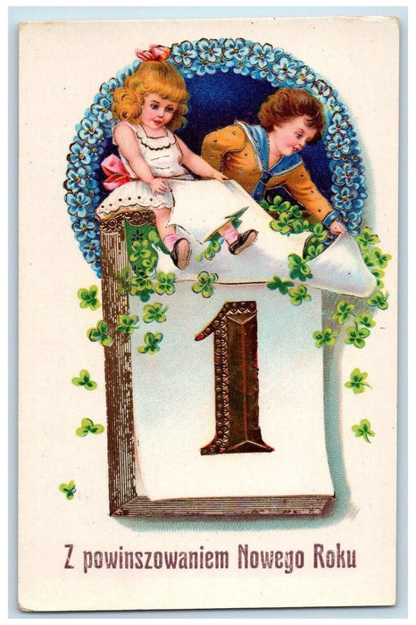 c1910's New Year Boy Girl Calendar 1 Shamrock Gel Gold Gilt Embossed Postcard