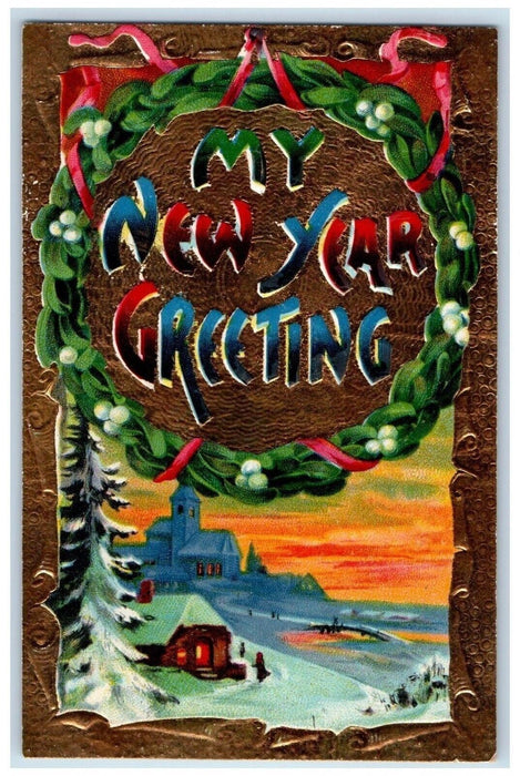 c1910's New Year Greeting Holly Wreath Winter Snow Gel Gold Gilt Postcard