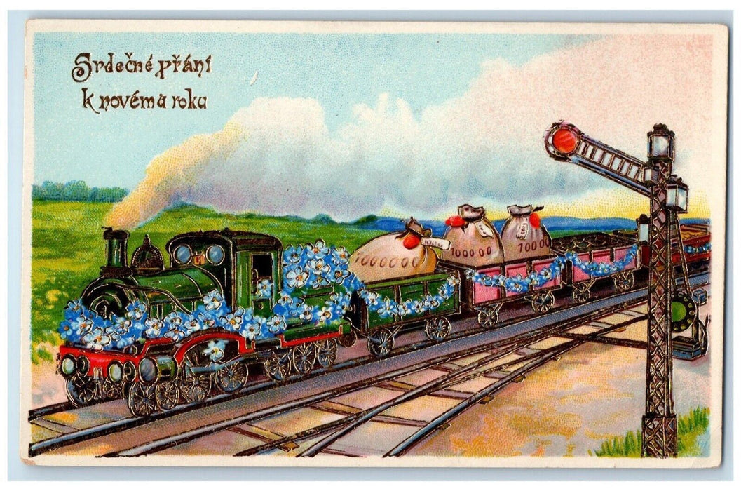 c1910's New Year Railroad Train Pansies Flowers Gel Gold Gilt Slovakia Postcard