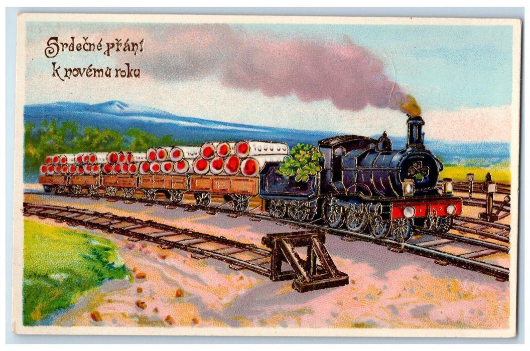 c1910's New Year Railroad Train Logs Shamrock Gel Gold Gilt Embossed Postcard
