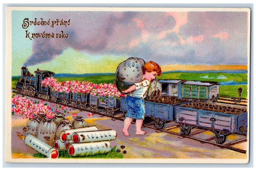 c1910's New Year Railroad Train Boy Carrying Sack Pansies Gel Gold Gilt Postcard