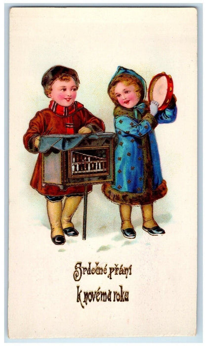 c1910's New Year Boy Gil Carol Music Box Gel Gold Gilt Embossed Antique Postcard