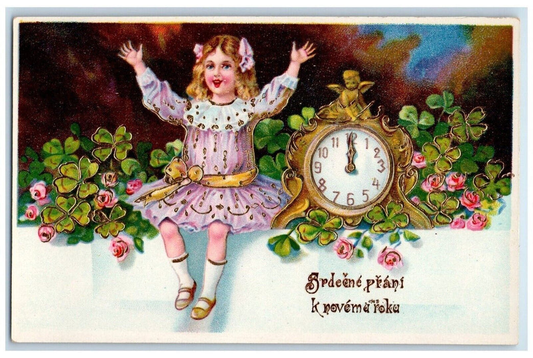 c1910's New Year Girl Roses Shamrock Clock Gel Gold Gilt Embossed Postcard