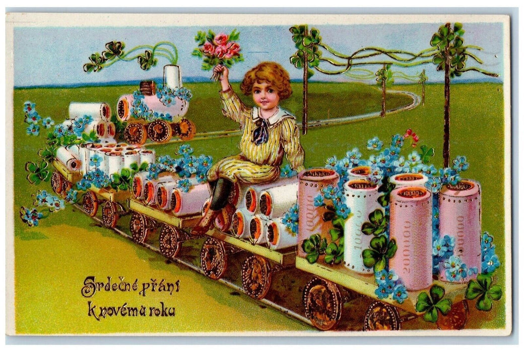 c1910's New Year Train Girl Pink Roses Pansies Shamrock Gel Gold Gilt Postcard