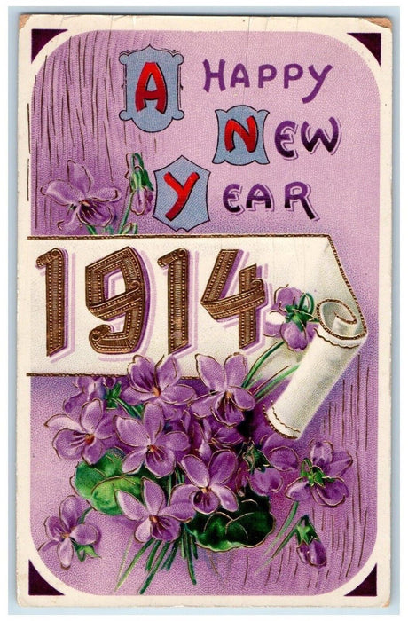 1914 New Year Purple Pansies Flowers Clarksville Michigan MI Antique Postcard