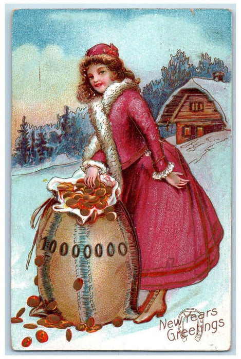 1912 New Year Greetings Girl With Sack Of Coins Winter Snow Chicago IL Postcard