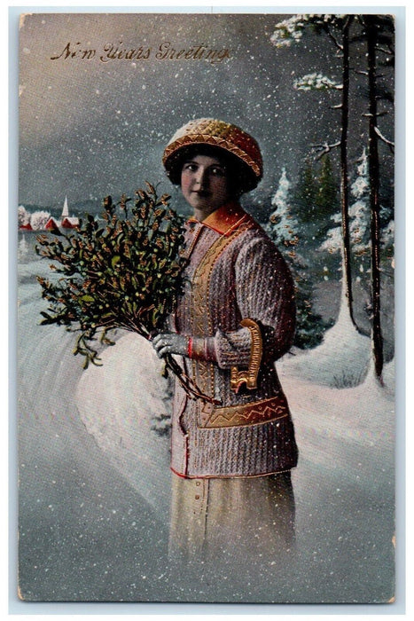 1914 New Year Greetings Pretty Girl Holly Winter Snow Gel Omro WI Postcard