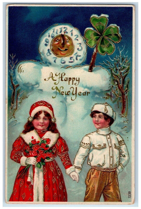 c1910's New Year Girl Boy Anthropomorphic Moon Clock Gel Gold Gilt Postcard