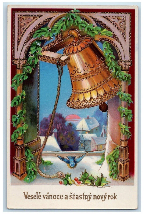 c1910's New Year Giant Bell Holly Berries Bird Gel Gold Gilt Embossed Postcard