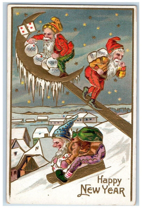 c1910's New Year Elves Crescent Coins Sledding Winter Snow Embossed Postcard