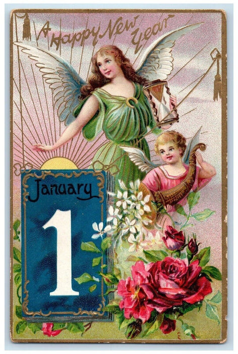 1909 New Year January 1 Angels Red Roses Cornucopia Findlay OH Tuck's Postcard