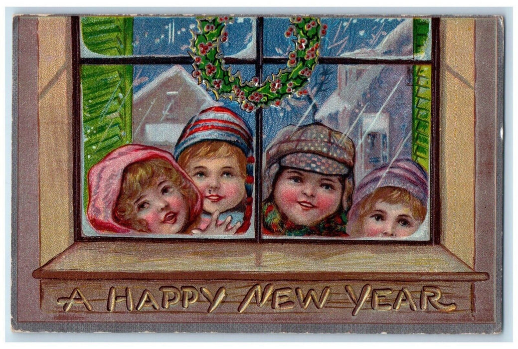 c1910's New Year Four Little Girls In Window Wreath Snow Winter Antique Postcard