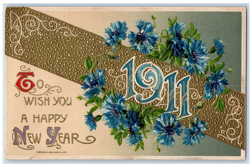 1910 New Year Blue Flowers John Winsch Embossed Artist Signed Antique Postcard