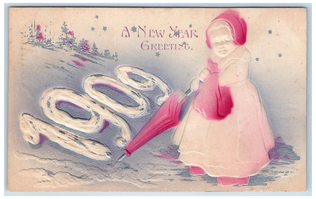 c1910's New Year Greetings Girl Dress Umbrella Airbrushed Embossed Postcard