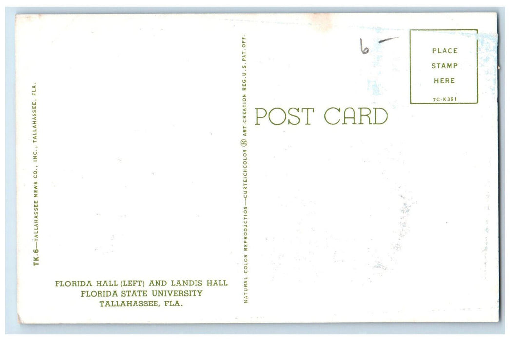 c1950's Florida Hall (Left) Landis Hall Florida State U. Tallahassee FL Postcard