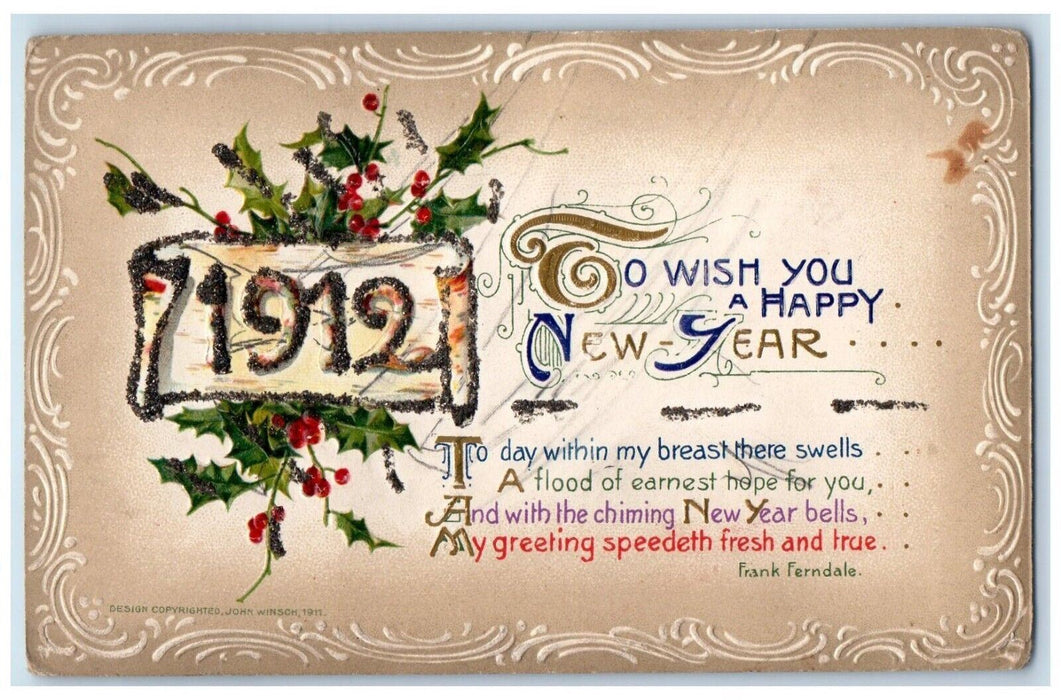 1912 New Year Greetings Number Holly Winsch Back Embossed Antique Postcard