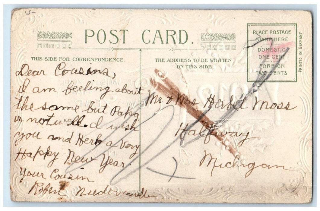 1912 New Year Greetings Number Holly Winsch Back Embossed Antique Postcard