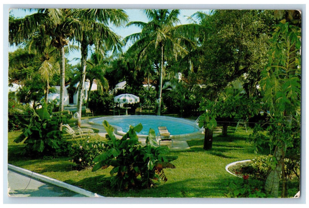 1956 Pool Exotic Gardens Spanish Courts, Riviera Beach Florida FL Postcard