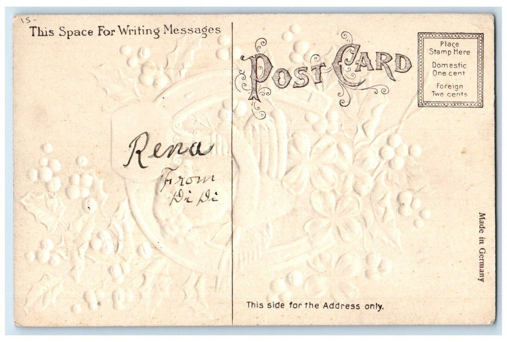 c1910's New Year Horseshoe Angel Cherub Lamp Holly Shamrock Embossed Postcard