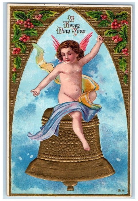 c1910's New Year Angel Bare Butt Giant Bell Holly Berries Embossed Postcard