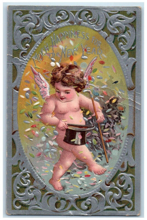 1910 New Year Angel Cherub Top Hat Cane Embossed Mill Village NH Postcard