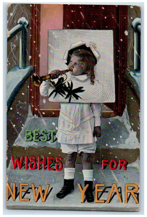 c1910's New Year Best Wishes Little Girl Trumpet Winter Snow Gel Postcard