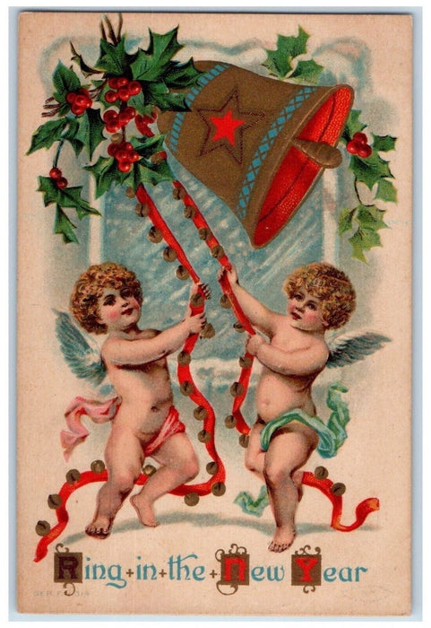 c1910's New Year Angels Cherub Ringing Giant Bell Holly Embossed Postcard