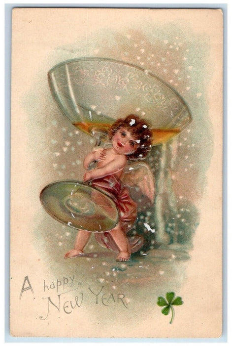 1907 New Year Wine Champagne Glass Shamrock Embossed Boyertown PA Postcard