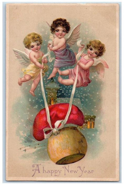 1908 New Year Three Angels Floating Ribbon Jar Winter Snow Embossed Postcard