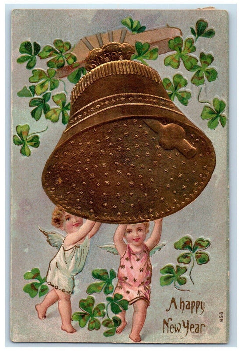 1907 New Year Angels Cherub Ringing Giant Bell Shamrock Embossed Posted Postcard