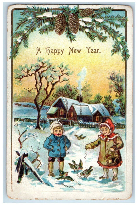 c1910's New Year Pine Cone Boy Girl Feeding Birds Winter Snow Embossed Postcard