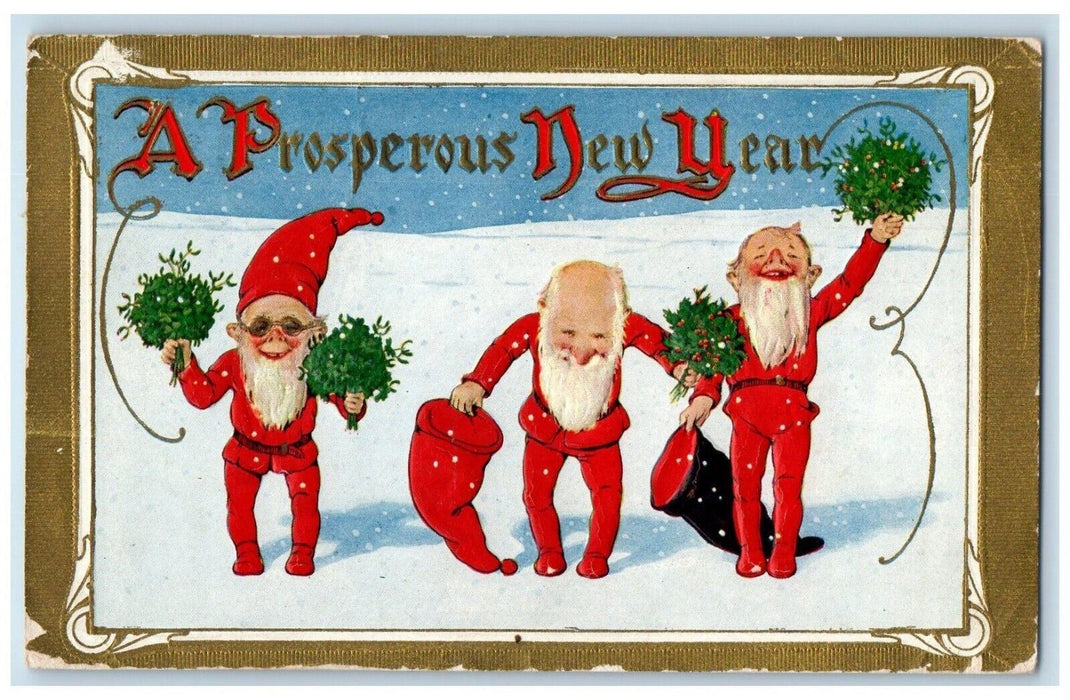 c1910's New Year Santa Elves Holding Holly Berries Winter Snow Embossed Postcard