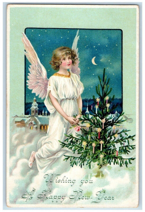 New Year Floating Angel Christmas Tree Candles Crescent Moon Antique Postcard