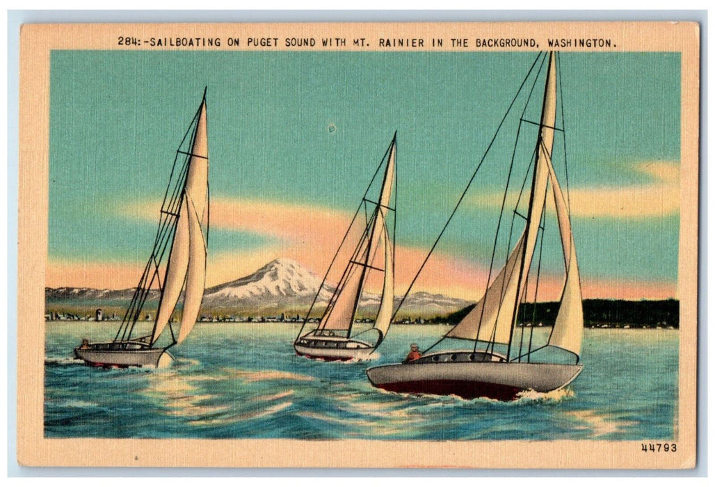 c1940's Sailboating on Puget Sound Mt Rainier in the Back Washington WA Postcard