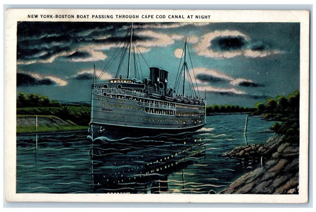 1934 New York-Boston Boat Passing Through Cape Cod Canal at Moonlight Postcard