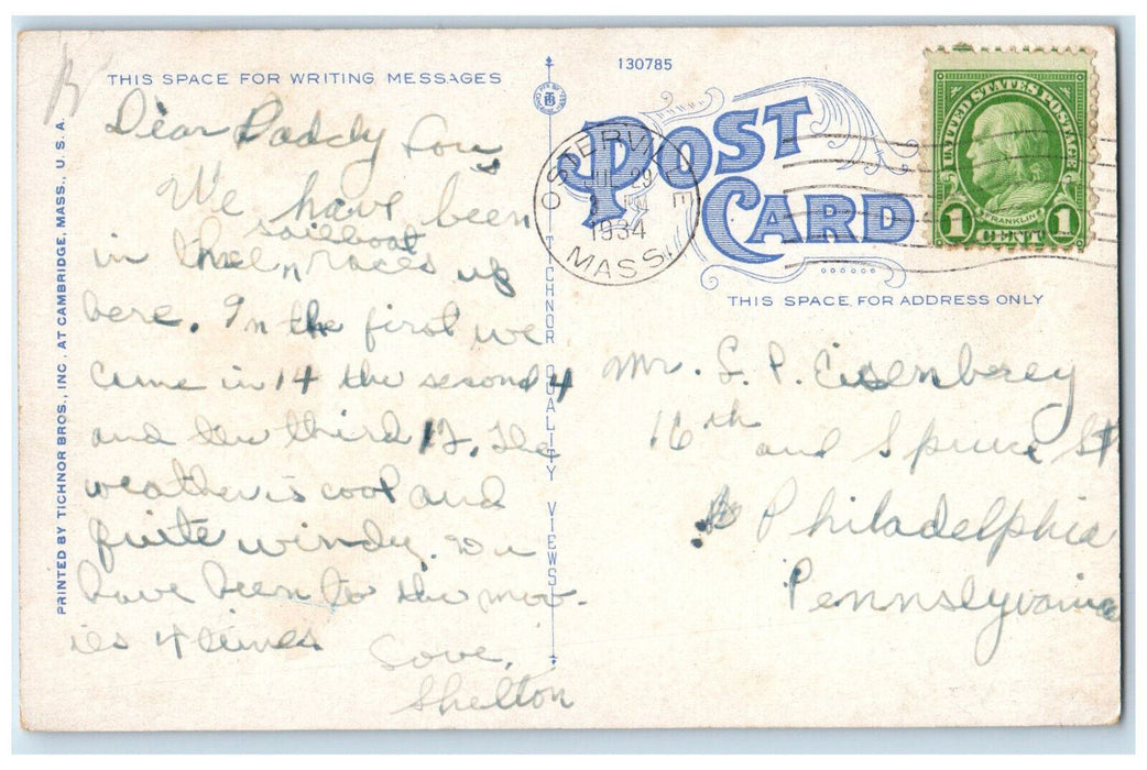 1934 New York-Boston Boat Passing Through Cape Cod Canal at Moonlight Postcard