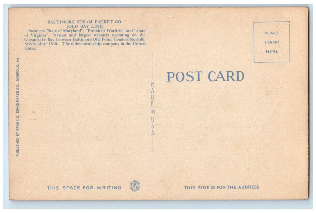 c1940's Old Bay Line Steamer "State of Maryland" Baltimore Steam Packet Postcard