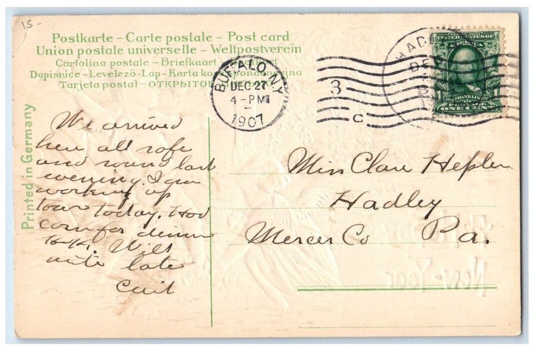 1908 New Year Number Angels Cherub Throwing Shamrock Embossed Antique Postcard