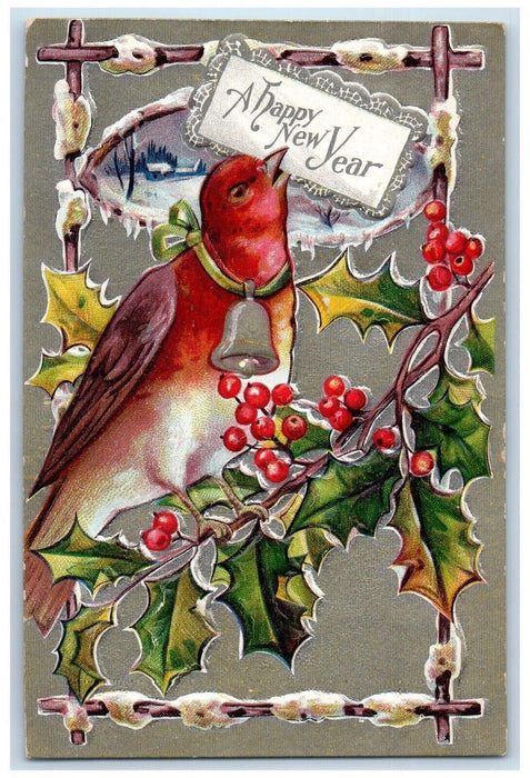 c1910's New Year Bird Bell Necklace Holly Berries Embossed Antique Postcard