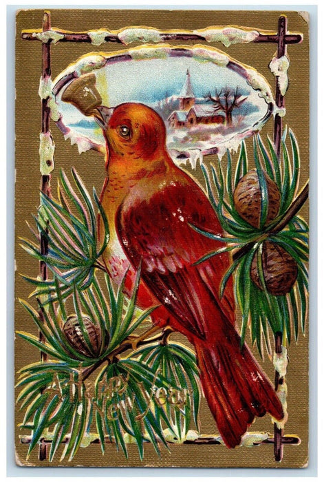 1909 New Year Bird Ringing Bell Pine Cone Embossed Posted Antique Postcard