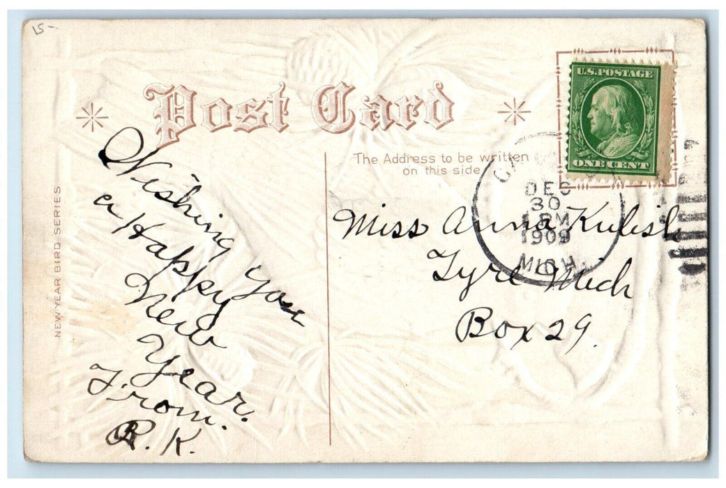 1909 New Year Bird Ringing Bell Pine Cone Embossed Posted Antique Postcard