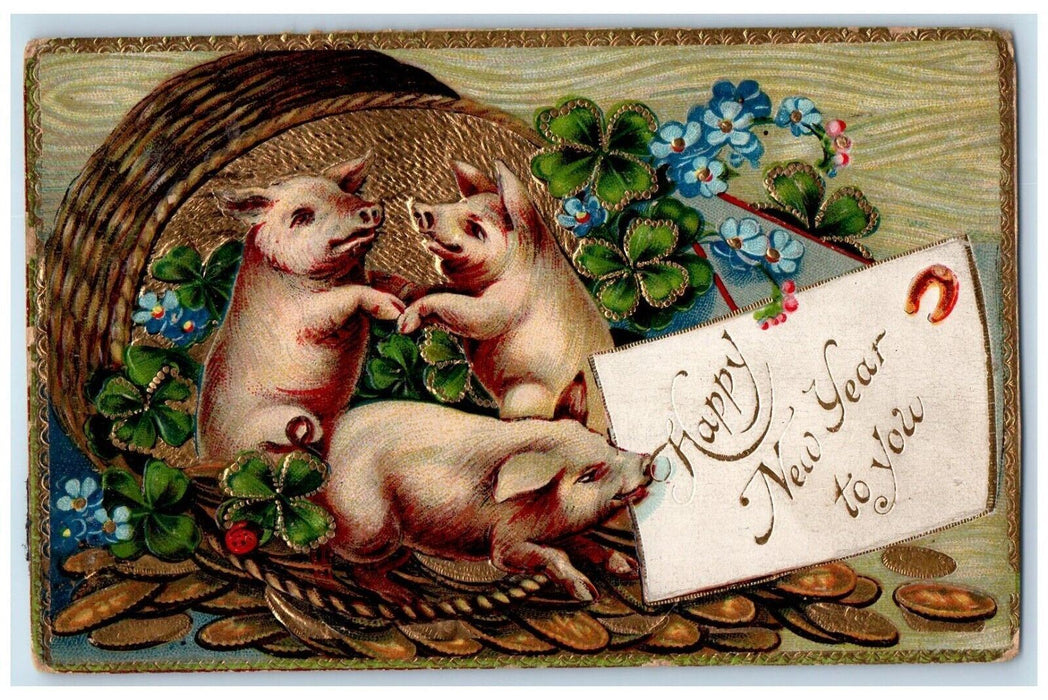 1910 New Year Pigs Shamrock Pansies Flowers Embossed Posted Antique Postcard
