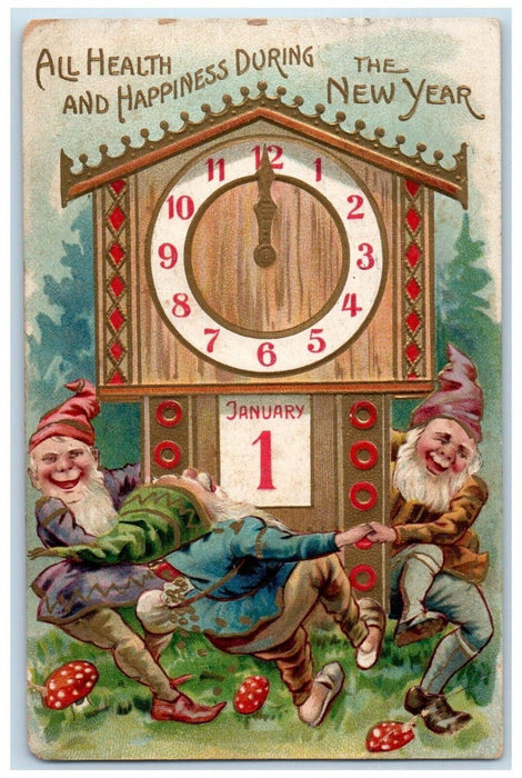 c1910's New Year Elves January 1 Mushroom Clock Embossed Posted Antique Postcard