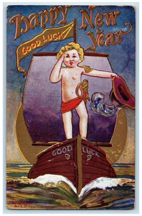 1908 New Year Sailor Good Luck Ship Winsch Back Embossed Posted Antique Postcard
