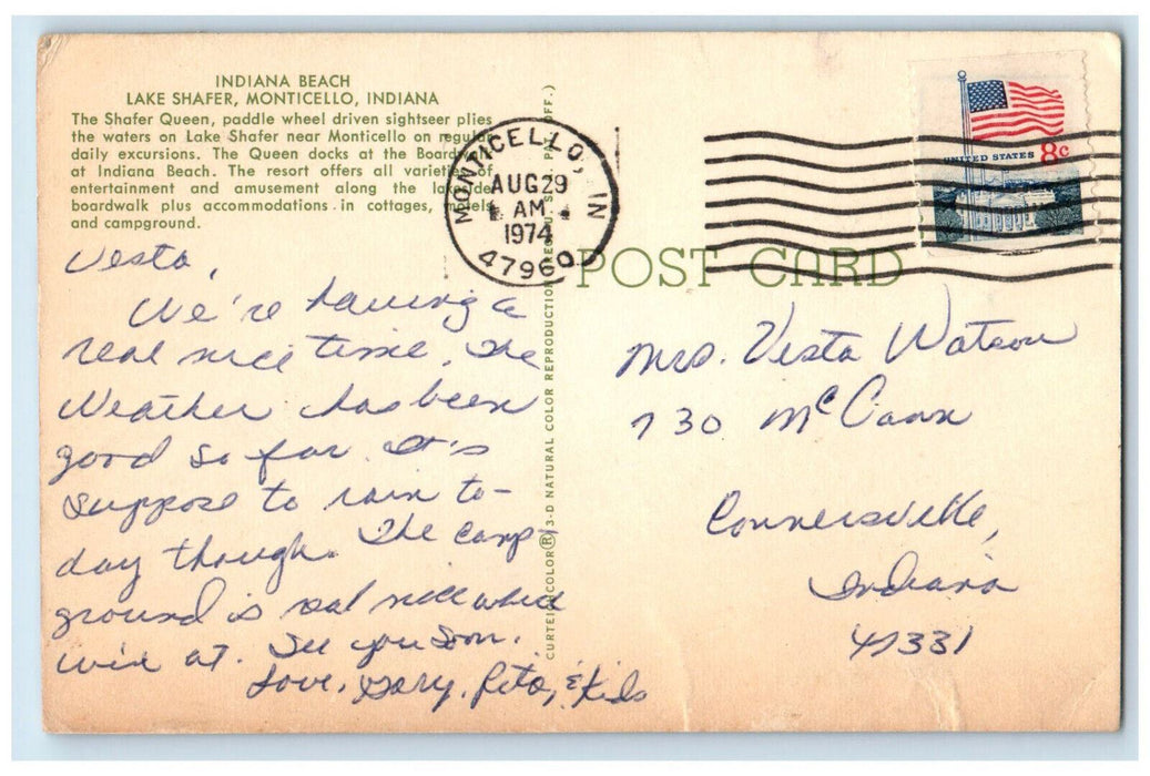 1974 Indiana Beach Lake Shafer Monticello Indiana IN Posted Postcard