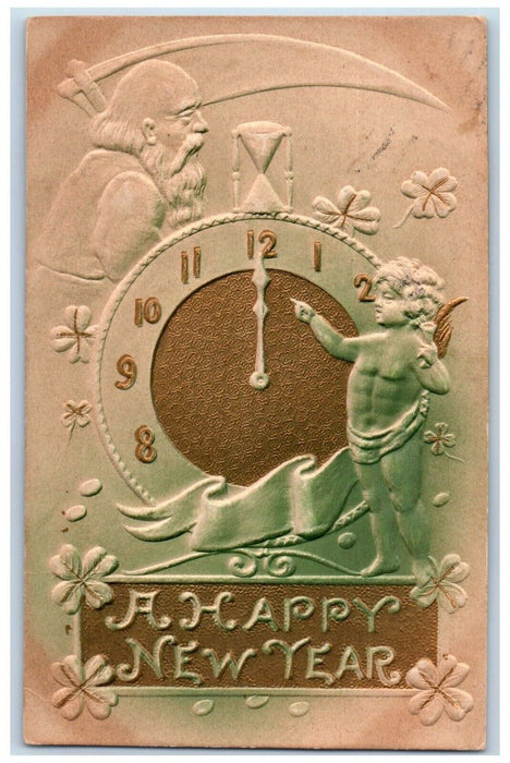 1908 New Year Angel Clock Shamrock Hourglass Airbrushed Embossed Posted Postcard