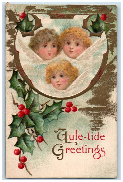 c1910's New Year Greetings Angels Head Holly Berries Embossed Antique Postcard