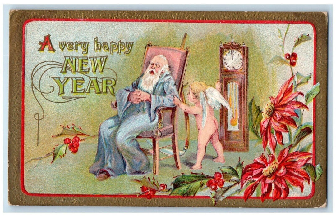 1910 New Year Angel Waking up Old Man Sleeping Pointessia Flowers Postcard