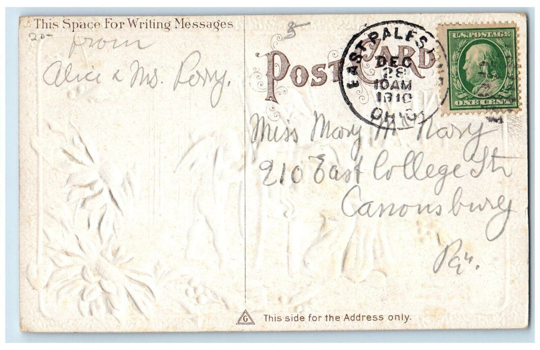 1910 New Year Angel Waking up Old Man Sleeping Pointessia Flowers Postcard