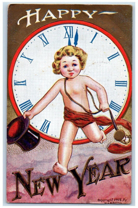 1908 New Year Boy Top Hat Hourglass Winsch Back Embossed Antique Postcard